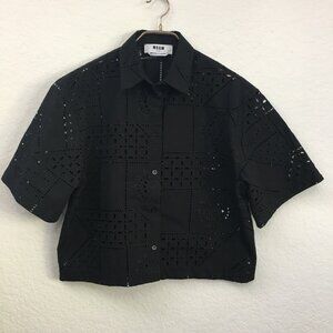 MSGM Cropped Shirt Broderie-Anglaise Short Sleeve Womens 40 Black French Eyelid